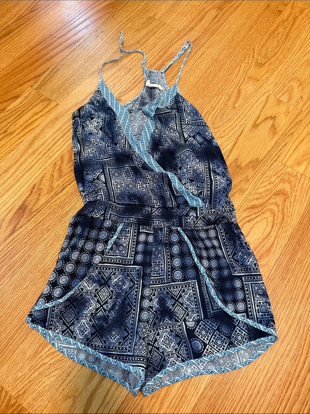 Ocean Drive Navy Blue Printed Girls Romper with Light Blue Accents
